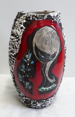 Fat Lava Ceramic Vase with Motif of a Young Woman from Giulianelli, 1960s-HOI-774058