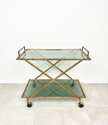 Faux Bamboo Brass & Smoked Glass Serving Cart from Rue Royale, France, 1960s-LYQ-1219153