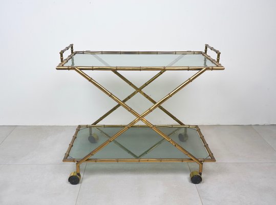 Faux Bamboo Brass & Smoked Glass Serving Cart from Rue Royale, France, 1960s-LYQ-1219153