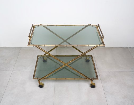 Faux Bamboo Brass & Smoked Glass Serving Cart from Rue Royale, France, 1960s-LYQ-1219153