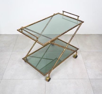 Faux Bamboo Brass & Smoked Glass Serving Cart from Rue Royale, France, 1960s-LYQ-1219153