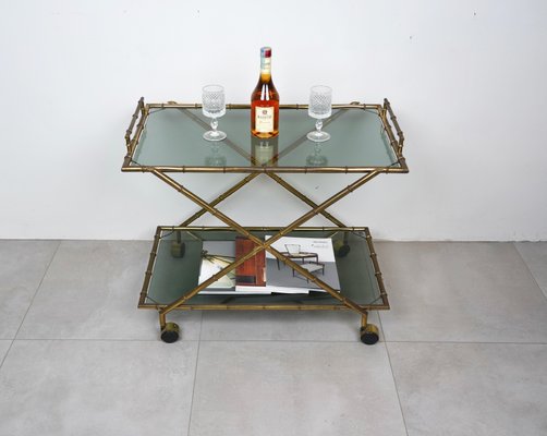 Faux Bamboo Brass & Smoked Glass Serving Cart from Rue Royale, France, 1960s-LYQ-1219153