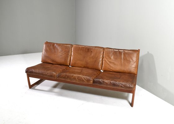 Fd130 Teak Sofa in Cognac Leather Peter Hvidt for France & Søn / France & Daverkosen, Denmark, 1950s-TE-1783751