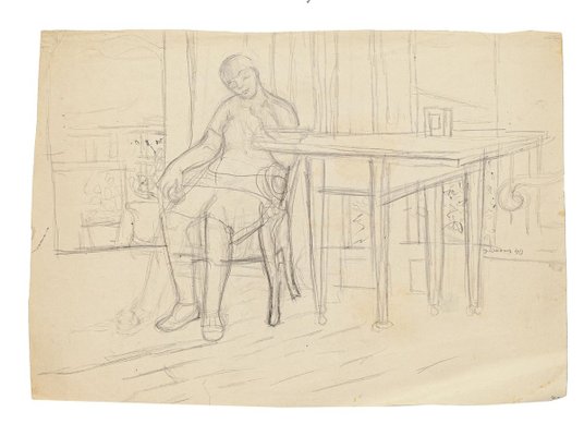 Figure in Interior - Original Pencil Drawing by Jeanne Daour - 1940 1940-ZCI-758318