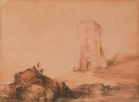 Figures and Tower, 19th-Century, Watercolour on Paper-AOI-1312784