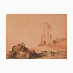 Figures and Tower, 19th-Century, Watercolour on Paper-AOI-1312784