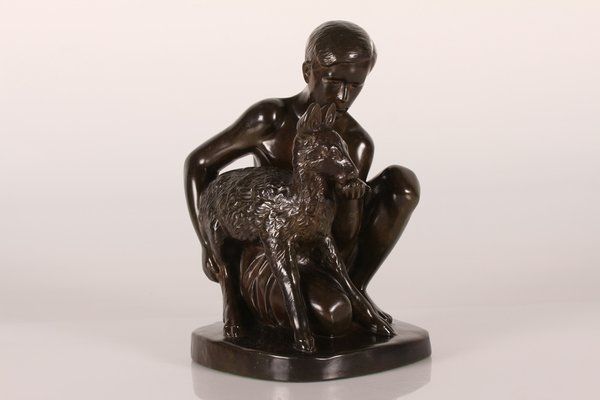 Figurine of Young Shepherd with Lamb in Disco Metal by Just Andersen, 1950s-QQ-1758350