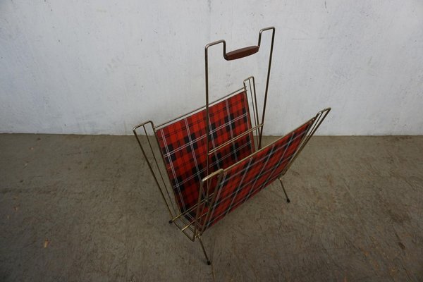 Filigree Newspaper Rack with Checked Pattern and Teak Handle-GPQ-1783858