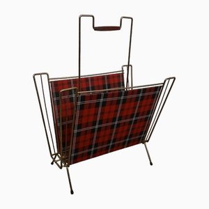 Filigree Newspaper Rack with Checked Pattern and Teak Handle-GPQ-1783858