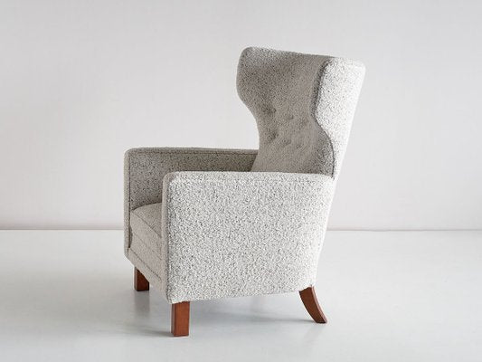 Finnish Pearl Bouclé Fabric and Beech Wingback Armchair by Paul Boman for Boman OY, 1940s-FMT-737401