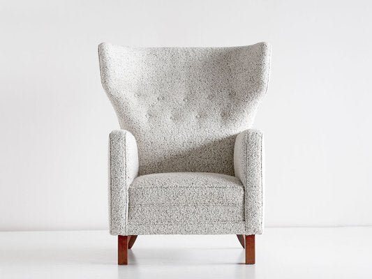 Finnish Pearl Bouclé Fabric and Beech Wingback Armchair by Paul Boman for Boman OY, 1940s-FMT-737401