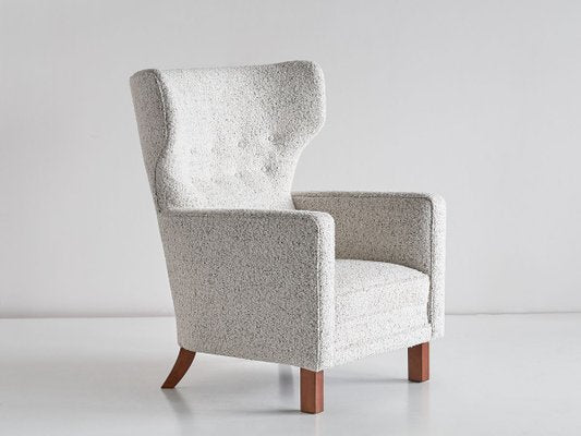 Finnish Pearl Bouclé Fabric and Beech Wingback Armchair by Paul Boman for Boman OY, 1940s-FMT-737401