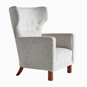 Finnish Pearl Bouclé Fabric and Beech Wingback Armchair by Paul Boman for Boman OY, 1940s-FMT-737401