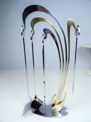 Fire Irons with Stand in Brass and Stainless Steel by Jacques Charles for Maison Charles, 1970s, Set of 5-FPY-1405433