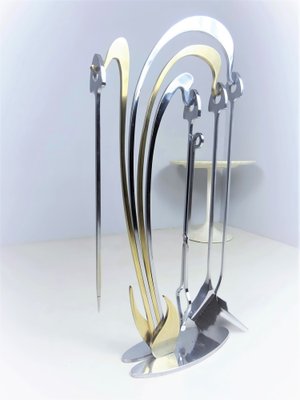 Fire Irons with Stand in Brass and Stainless Steel by Jacques Charles for Maison Charles, 1970s, Set of 5-FPY-1405433