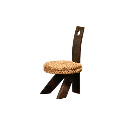 Fireplace Stool in Oak and Straw by Adrien Audoux and Frida Minet, France, 1950s-JK-2043631