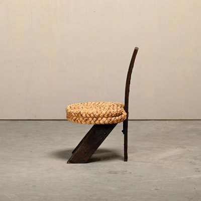 Fireplace Stool in Oak and Straw by Adrien Audoux and Frida Minet, France, 1950s-JK-2043631