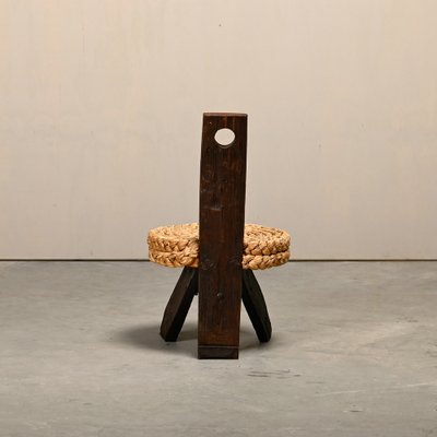 Fireplace Stool in Oak and Straw by Adrien Audoux and Frida Minet, France, 1950s-JK-2043631