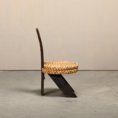 Fireplace Stool in Oak and Straw by Adrien Audoux and Frida Minet, France, 1950s-JK-2043631