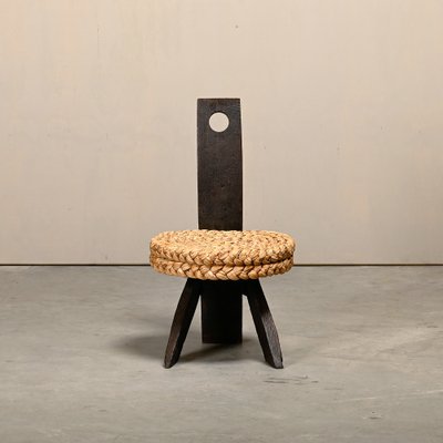 Fireplace Stool in Oak and Straw by Adrien Audoux and Frida Minet, France, 1950s-JK-2043631