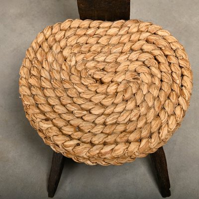 Fireplace Stool in Oak and Straw by Adrien Audoux and Frida Minet, France, 1950s-JK-2043631