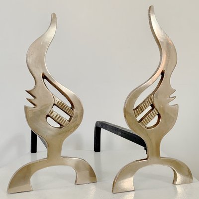 Flame Brass Andirons, France, 1960s, Set of 2-EW-1818636