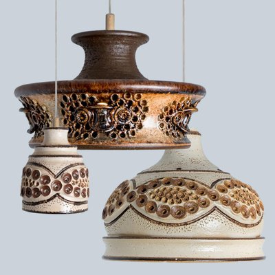 Flat Brown Beige Ceramic Pendant Light, Denmark, 1970s-VDW-1739989