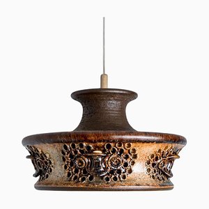 Flat Brown Beige Ceramic Pendant Light, Denmark, 1970s-VDW-1739989