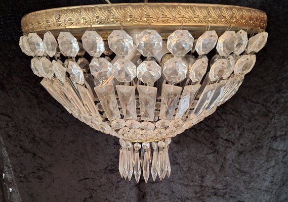 Flat Vintage Ceiling Lamp with Cut Crystal Glass Hangings, 1960s-HOI-2033657