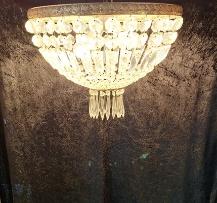 Flat Vintage Ceiling Lamp with Cut Crystal Glass Hangings, 1960s-HOI-2033657