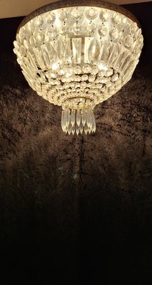 Flat Vintage Ceiling Lamp with Cut Crystal Glass Hangings, 1960s-HOI-2033657