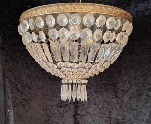 Flat Vintage Ceiling Lamp with Cut Crystal Glass Hangings, 1960s-HOI-2033657