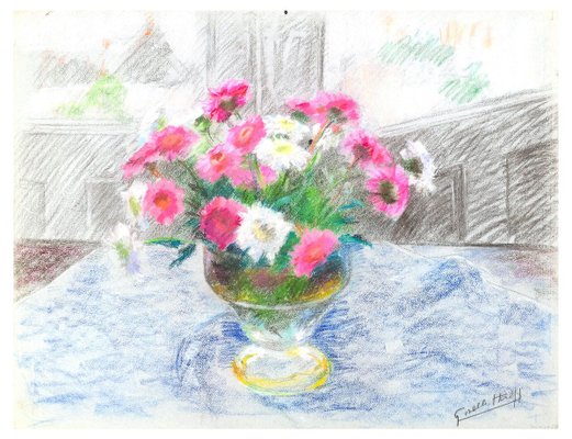 Fleurs dans un Vase- Original Oil Pastel Drawing by G. Halff - Late 20th Century Late 20th Century-ZCI-758876