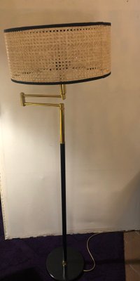 Floor Lamp in Brass and Lacquered Metal with Vienna Straw Lampshade, 1960s-TKR-1256405