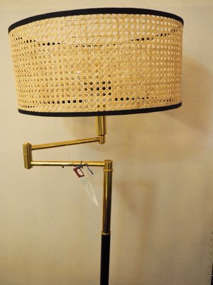 Floor Lamp in Brass and Lacquered Metal with Vienna Straw Lampshade, 1960s-TKR-1256405