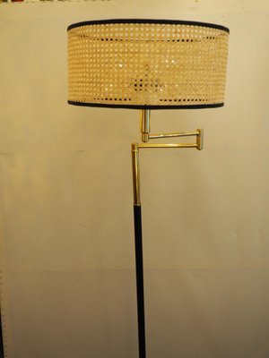 Floor Lamp in Brass and Lacquered Metal with Vienna Straw Lampshade, 1960s-TKR-1256405