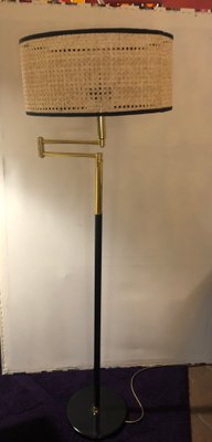 Floor Lamp in Brass and Lacquered Metal with Vienna Straw Lampshade, 1960s-TKR-1256405