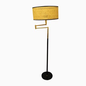 Floor Lamp in Brass and Lacquered Metal with Vienna Straw Lampshade, 1960s-TKR-1256405