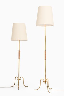 Floor Lamp in Brass, Woven Cane and New Lamp Shades from Lysberg Hansen Therp, 1940s, Set of 2-SC-2020801