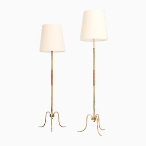 Floor Lamp in Brass, Woven Cane and New Lamp Shades from Lysberg Hansen Therp, 1940s, Set of 2-SC-2020801