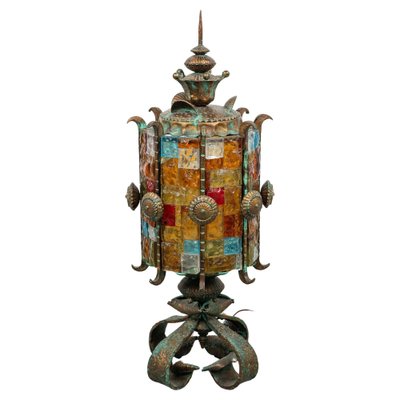 Floor Lamp Lantern in Wrought Iron and Hammered Glass by Longobard, 1970s-LYQ-1823304