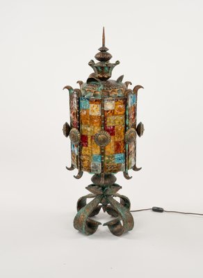 Floor Lamp Lantern in Wrought Iron and Hammered Glass by Longobard, 1970s-LYQ-1823304