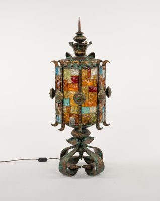 Floor Lamp Lantern in Wrought Iron and Hammered Glass by Longobard, 1970s-LYQ-1823304