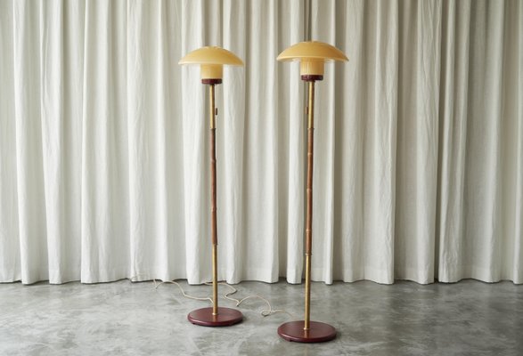 Floor Lamps in Bamboo, Patinated Brass and Yellow Glass, 1920s, Set of 2-FEW-2024191