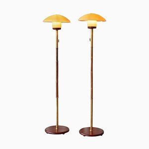 Floor Lamps in Bamboo, Patinated Brass and Yellow Glass, 1920s, Set of 2-FEW-2024191