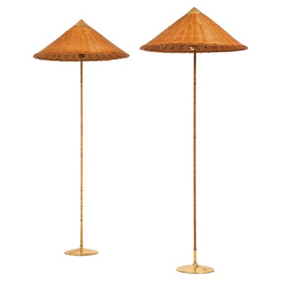 Floor Lamps in Brass, Cane and Rattan Shades attributed to Paavo Tynell, 1950s, Set of 2-SC-2039387