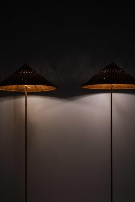 Floor Lamps in Brass, Cane and Rattan Shades attributed to Paavo Tynell, 1950s, Set of 2-SC-2039387