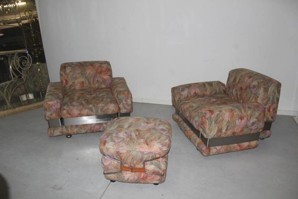 Floral Armchairs and Ottoman Set, 1970s, Set of 3-EH-540915