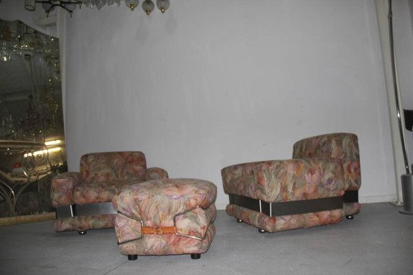 Floral Armchairs and Ottoman Set, 1970s, Set of 3-EH-540915