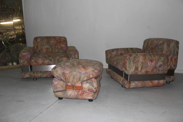 Floral Armchairs and Ottoman Set, 1970s, Set of 3-EH-540915